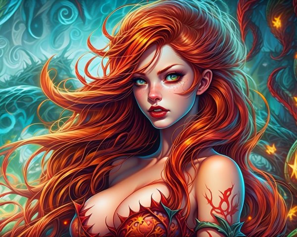 Fantasy Character with Red Hair and Floral Patterns