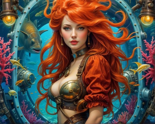 Underwater Scene with Steampunk Woman and Coral