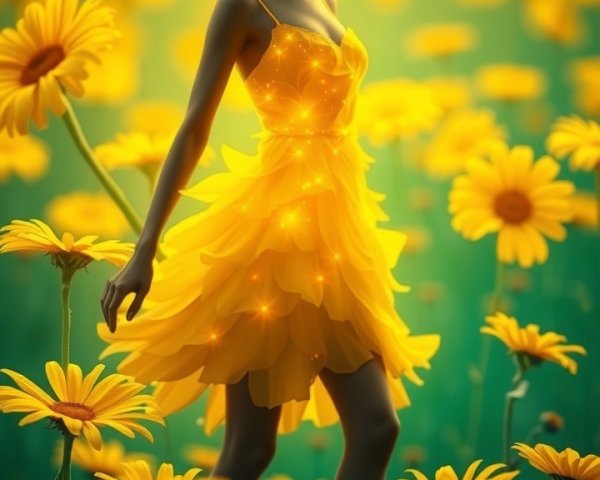 Woman in yellow dress among vibrant yellow flowers