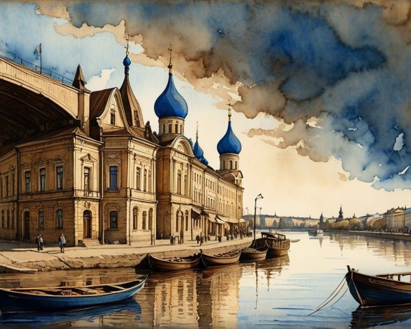 Riverside Scene with Blue Domes and Historic Architecture