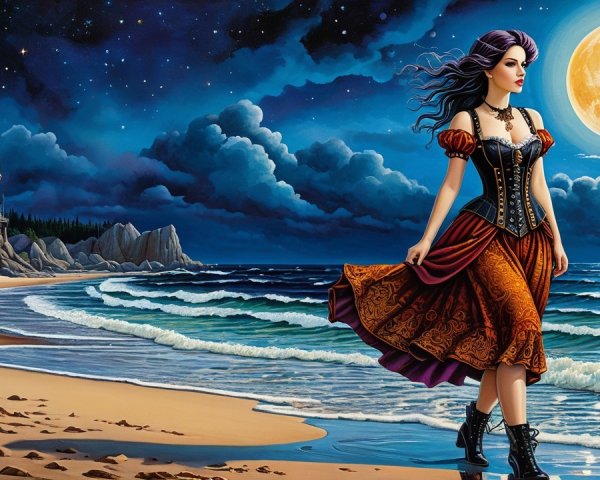 Elegant woman in flowing dress on moonlit beach