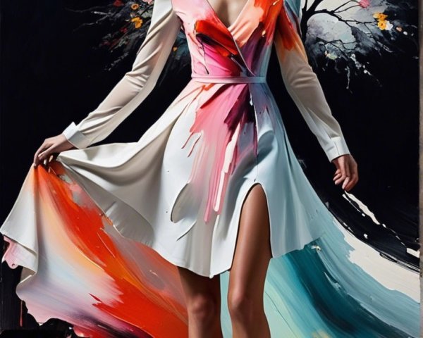 Vibrant Dress with Artistic Paint Splashes and Abstract Design
