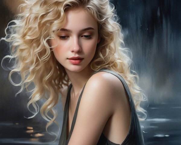 Young woman with curly blonde hair in twilight setting