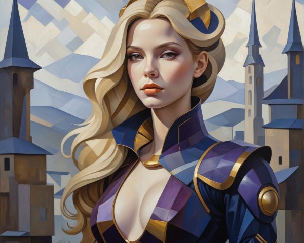 Regal Woman in Vibrant Outfit Against Mystical Landscape