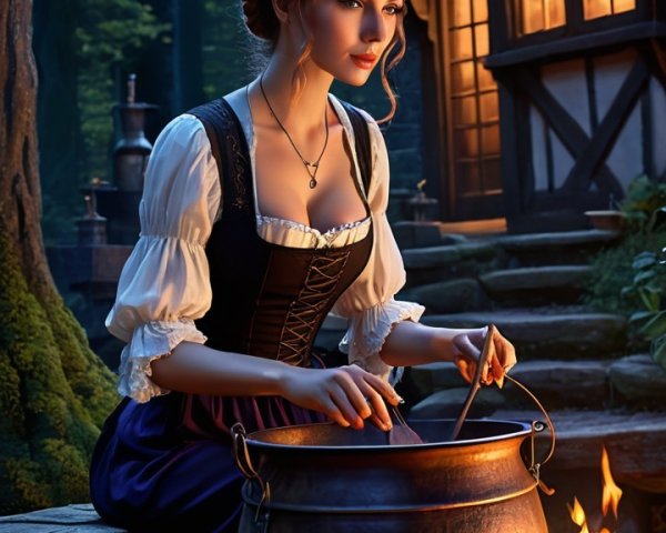 Medieval Woman Stirring Cauldron in Enchanted Setting
