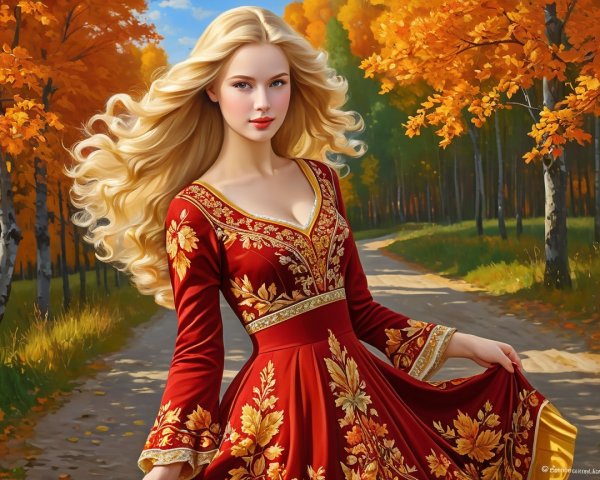 Young woman in red dress on autumn forest path