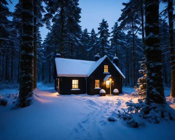 Cozy Cabin in Snowy Forest with Warm Lights