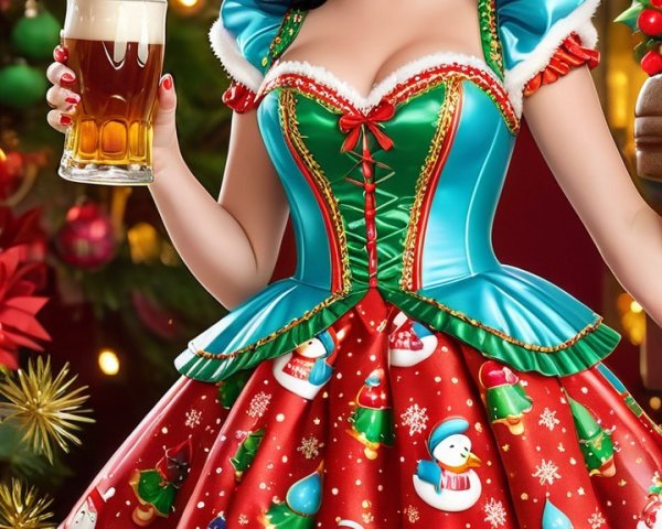 Festive Holiday Scene with Vibrant Dress and Decorations