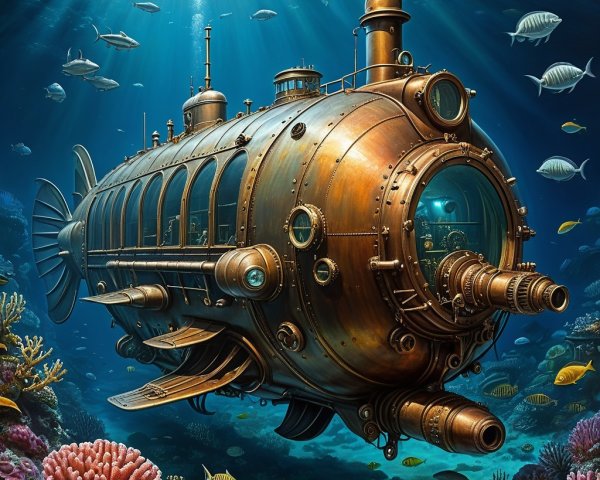 Steampunk Submarine in Vibrant Underwater Landscape