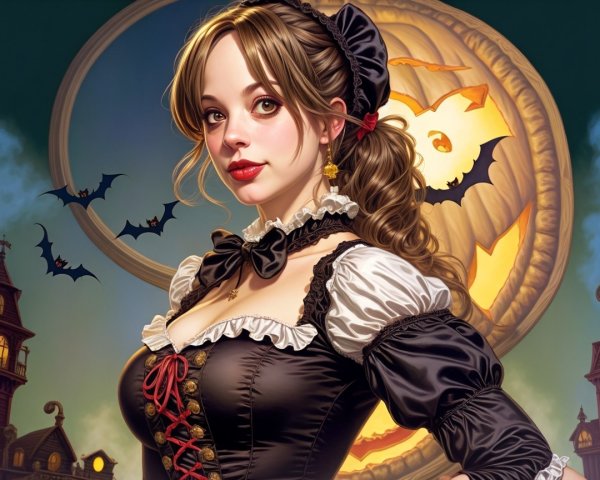 Elegant Halloween Costume with Pumpkin and Bats