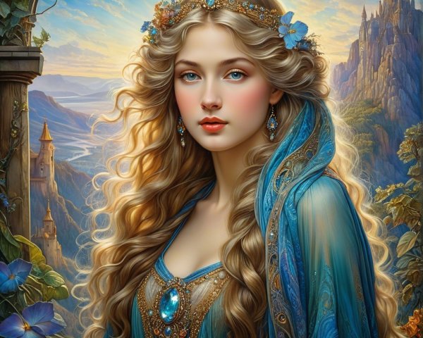 Blonde Woman in Blue Gown with Floral Crown at Twilight