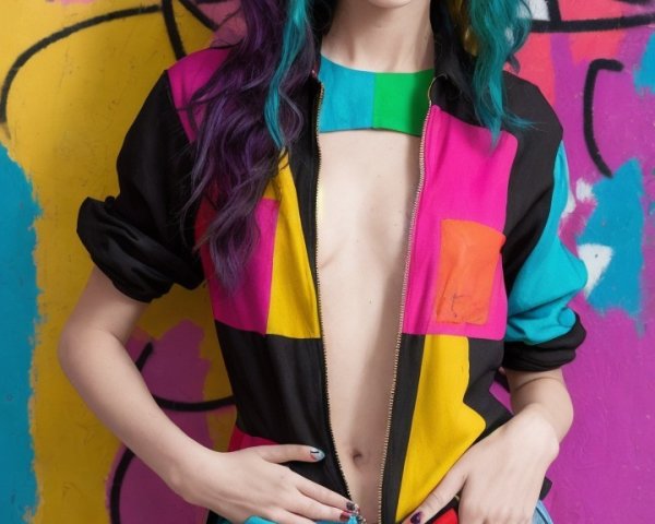Model in Multicolored Jacket Against Graffiti Wall