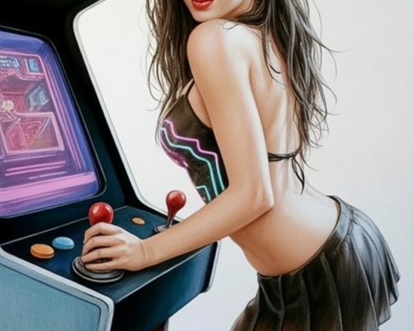 Young Woman by Classic Arcade Game "Retro Mania