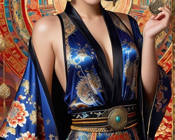Elegant Woman in Blue Kimono with Floral Patterns
