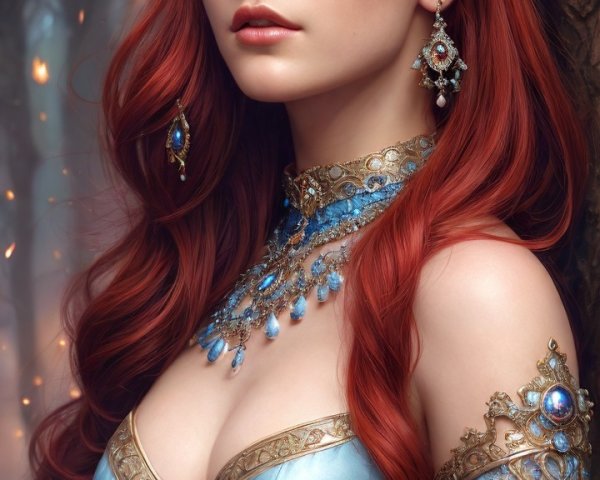 Mystical Forest Figure with Red Hair and Blue Eyes