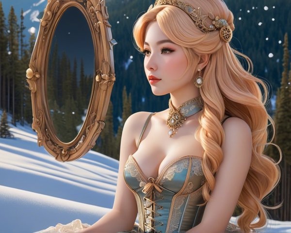 Young Woman in Elegant Gown Beside Golden Mirror