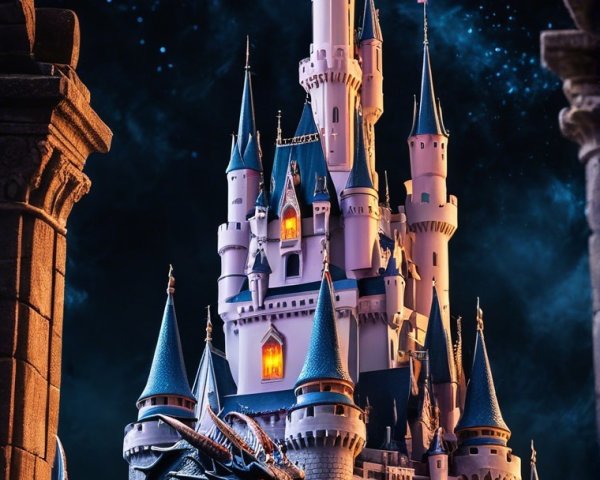 Majestic Fairy Tale Castle with Black Dragon at Night