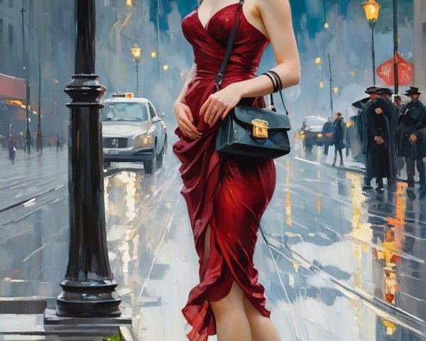 Woman in red dress with umbrella on rainy city street