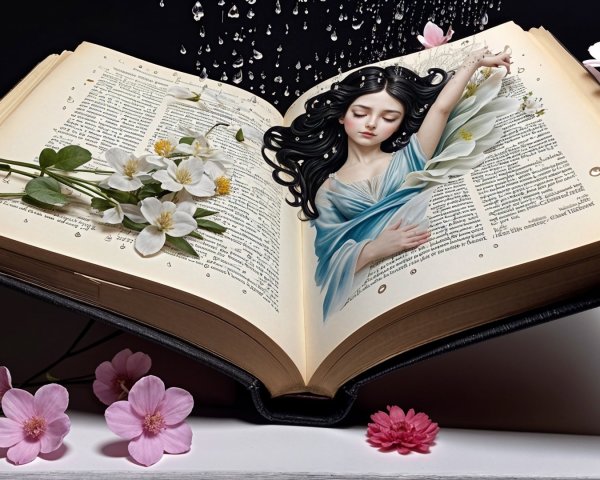 Open Book with Floral Design and Dreamlike Figure