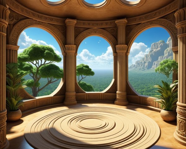 Spacious Circular Room with Grand Windows and Greenery