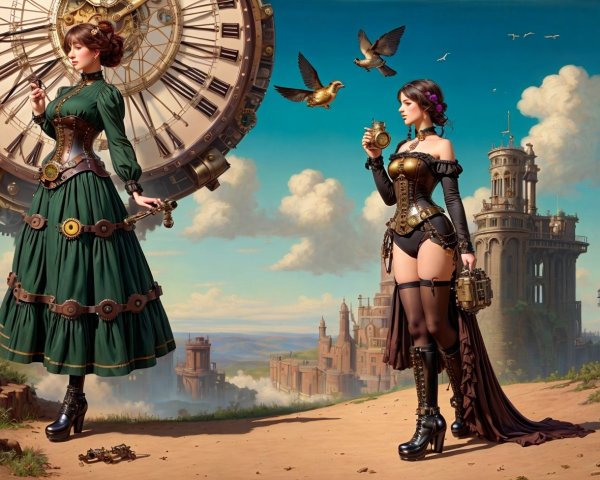 Steampunk Women in Fantasy Landscape with Gears and Clocks