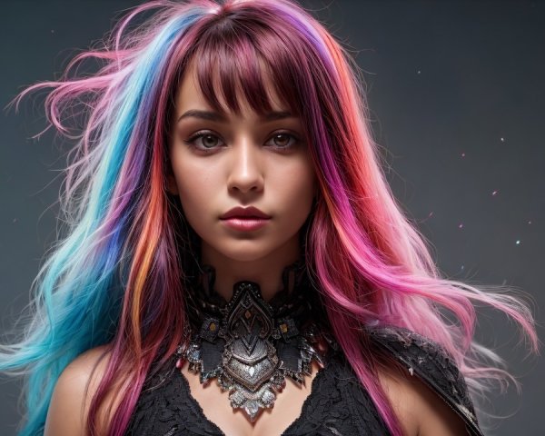 Young woman with pastel pink to blue hair and armor
