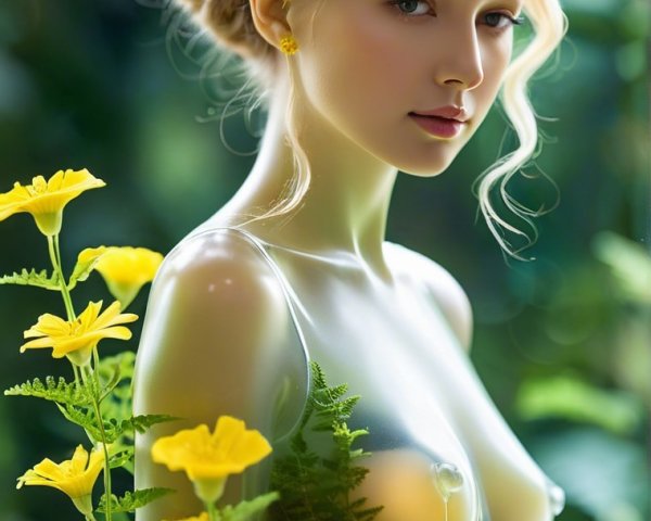 Translucent figure among vibrant flowers and ferns
