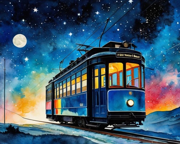 Watercolor Scene of Blue Tram Under Starry Night