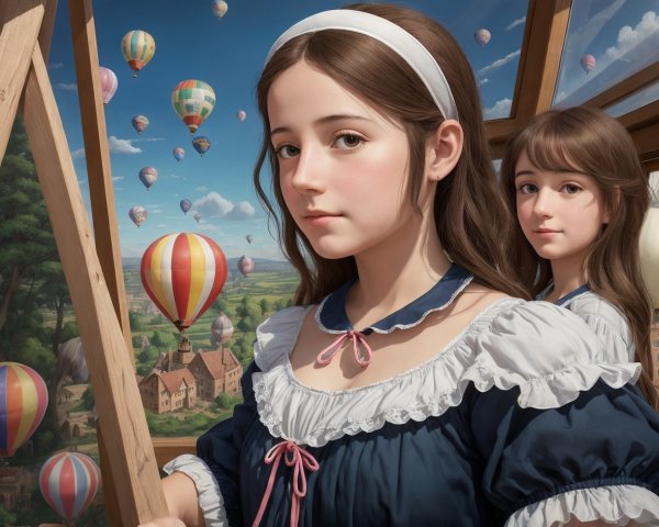 Young Girls Framed by Landscape View in Dark Blue Dress