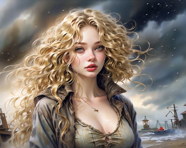 Young Woman on Windswept Shore with Stormy Sky