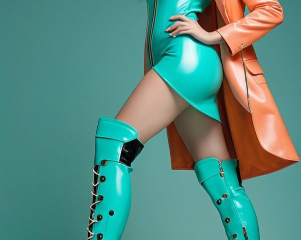 Model in Turquoise Dress with Orange Coat and Accessories