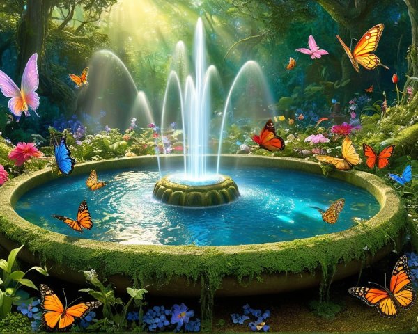 Woodland Scene with Fountain and Vibrant Flowers