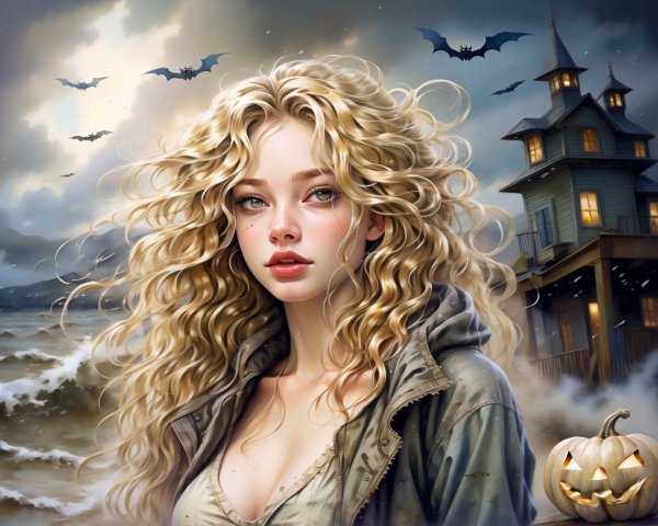 Young woman in stormy Halloween-themed landscape