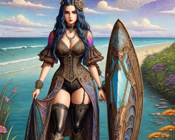 Mystical Warrior by the Shore with Vibrant Sky