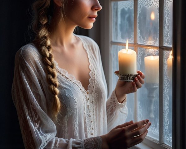Blonde Woman in Lace Nightgown by Ornate Window