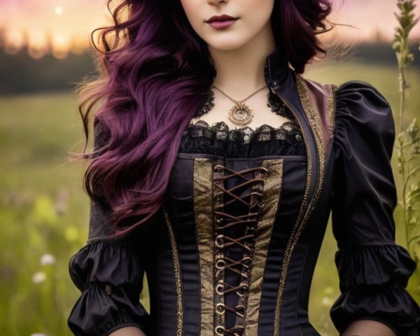 Young woman in black corset in vibrant field at night