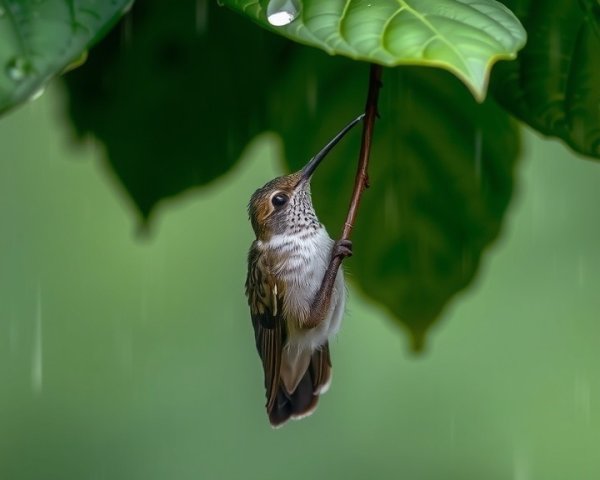 Hummingbird on Leaf in Tropical Paradise Setting