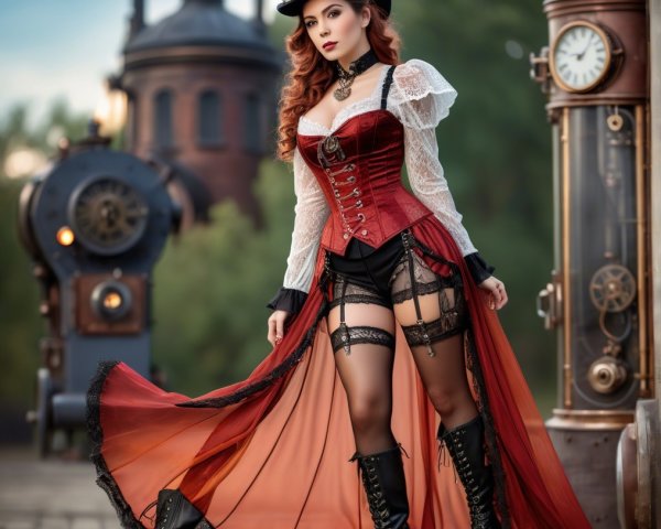 Steampunk Woman in Red Corset and Vintage Setting