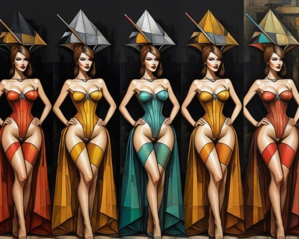 Stylized female figures in vibrant outfits and paper hats