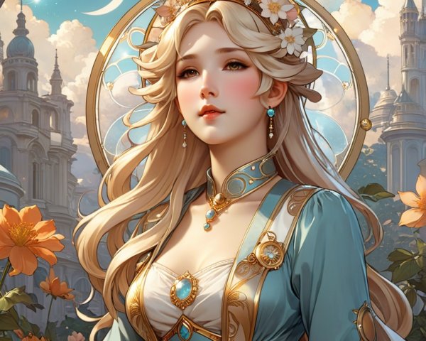 Young Woman in Ornate Dress in Dreamy Landscape