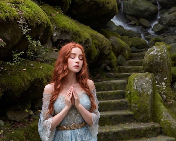 Serene young woman in lace dress by a waterfall