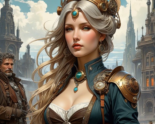 Fantasy Scene with Steampunk Woman in Cityscape