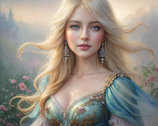 Serene Young Woman in Elegant Blue Gown and Castle Background