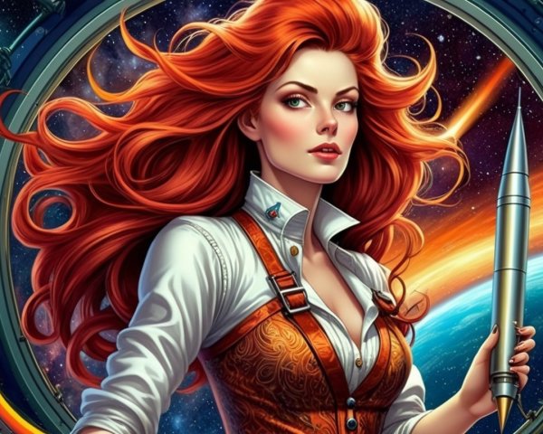 Vibrant digital painting of a confident red-haired woman