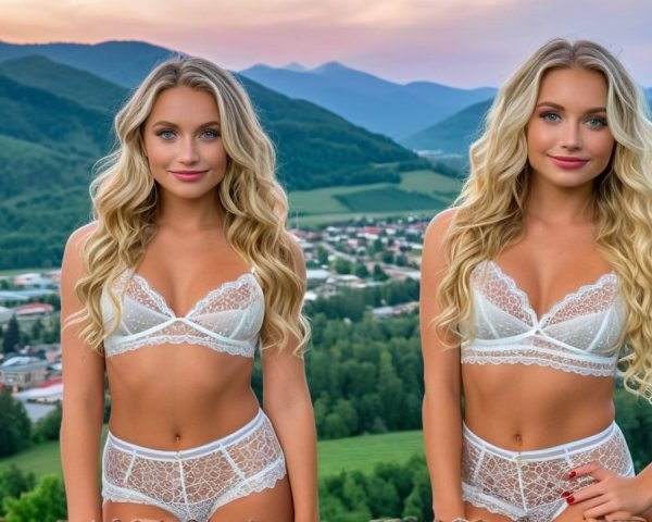 Two Women in White Lace Lingerie Amid Scenic Landscape
