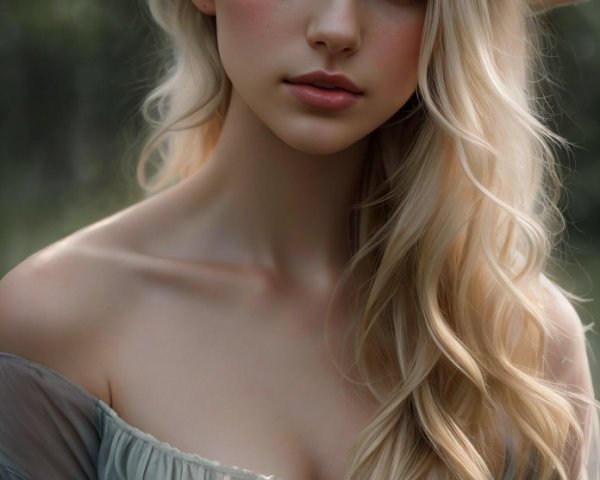 Young woman in blue dress with hat outdoors
