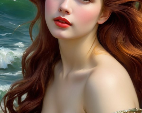 Young Woman in Sea-Green Gown by Ocean Waves