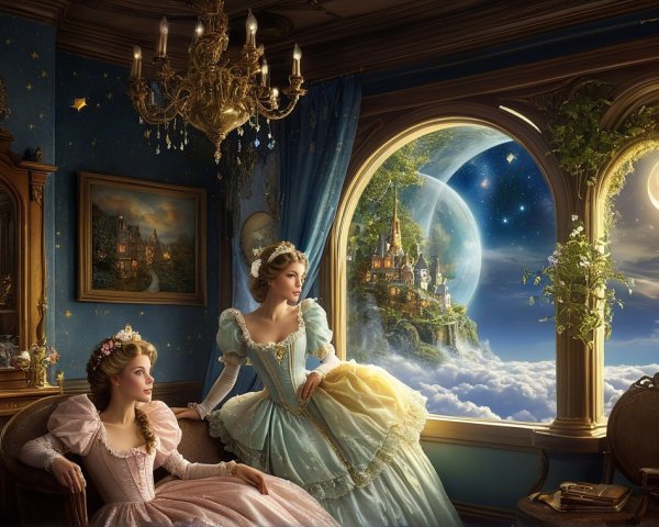 Vintage Decor with Women in Elegant Gowns by Window