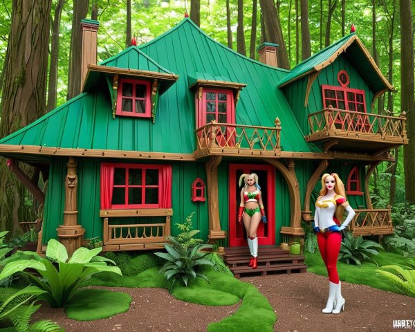 Vibrant Green Cottage in Lush Forest with Figures