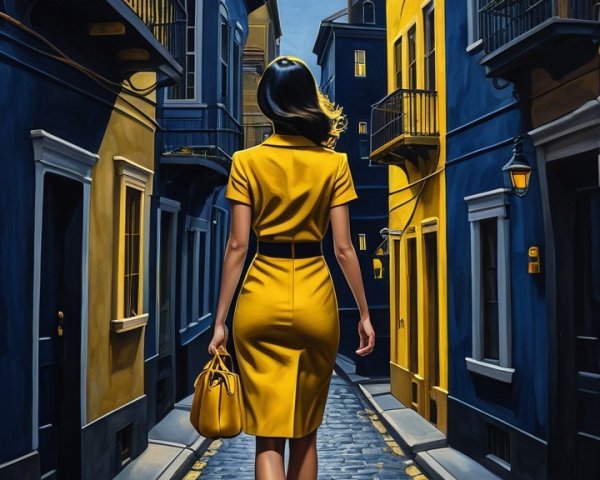Woman in Yellow Dress on Cobblestone Street at Night